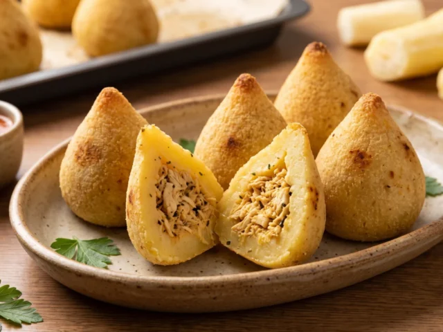 Coxinha de frango assada com massa de mandioca