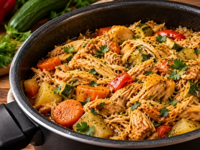 Frango desfiado na pressão com legumes