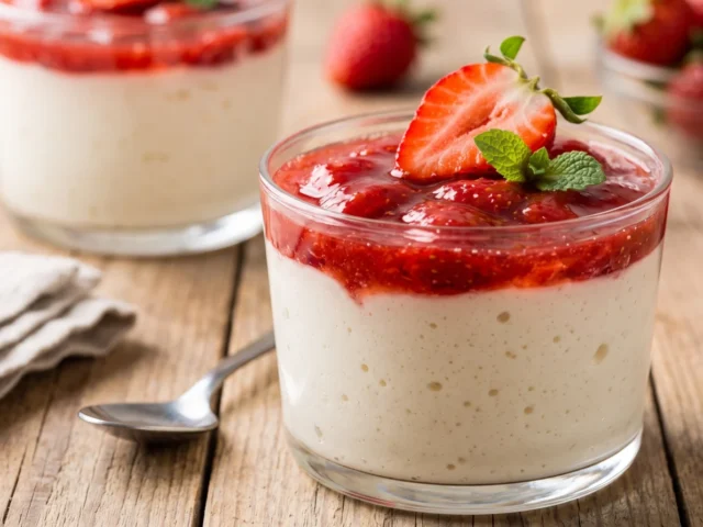 Mousse proteico de iogurte com calda de morango