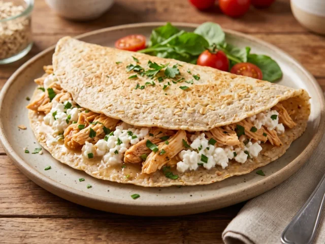 Panqueca de tapioca e aveia com frango e cottage