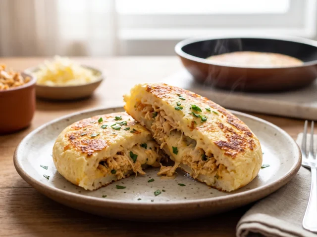 Pão de queijo de frigideira recheado com frango