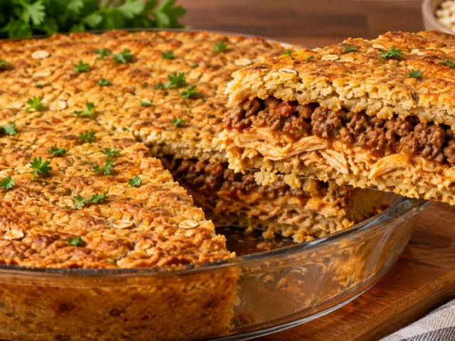 Torta de frango e aveia com recheio de carne moída